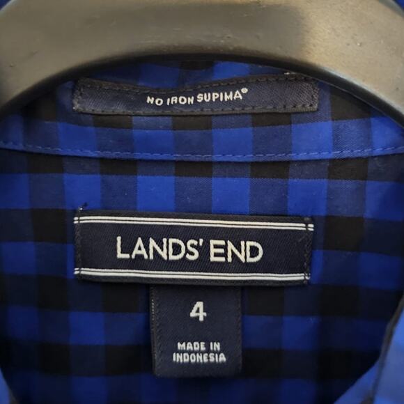 LAND'S END Size 4 Button Down Checkered Black and Blue Shirt Long Sleeve No Iron - Picture 3 of 4